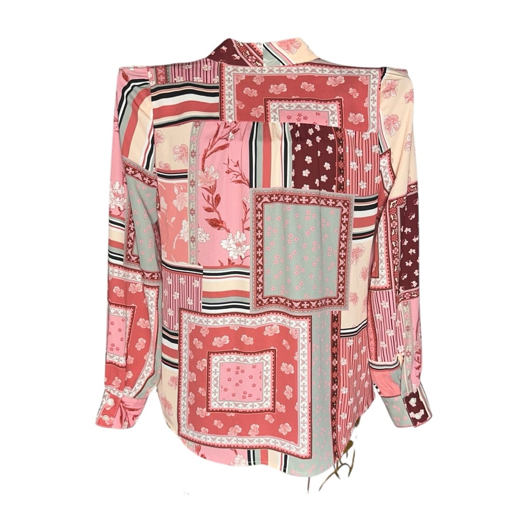 Talbots Tie Neck Top Rose Patchwork Pattern Long … - image 5